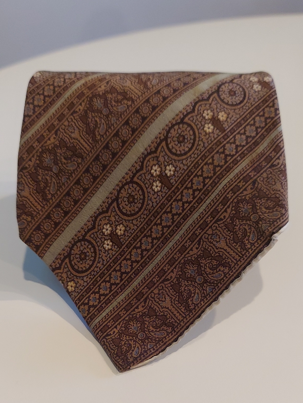Vintage 1960s Brown Paisley Floral Stripe Men's Silk Tie